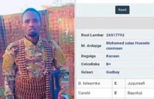Maxamed Saalax oo ah Askari ka tirsan ciidanka Soomaaliya ayaa natiijo Sareyso ka keenay imtixaanka dugsiyada sare ee dalka.